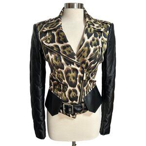 Just Cavalli US 4 IT 40 Black Beige Leopard Print Faux Leather Moto Biker Jacket